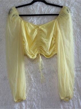 Privy Womens Fairy Long Mesh Puff Sleeve Smocked Crop Top Size M Yellow Cinch